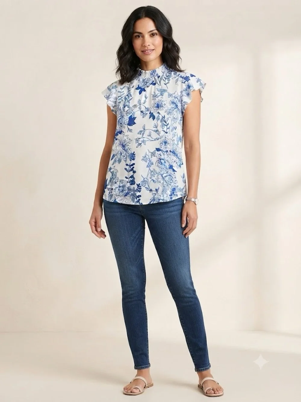 Floral High-Neck Ruffle Sleeve Blouse - White & Blue
